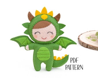 Słodka lalka smok filc WZÓR pdf. Kieszonkowa mini lalka na Halloween. Samouczek szycia pluszowej lalki