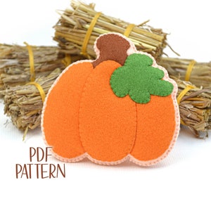 May include: A felt pumpkin craft pattern with a brown stem, green leaf, and orange body. The pattern is displayed on a white background with a pile of straw behind it. The text "PDF PATTERN" is printed below the pumpkin.