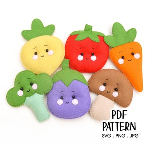 May include: A set of six felt food plush toys, including a yellow pineapple, red strawberry, orange carrot, green broccoli, purple eggplant, and brown mushroom. Each toy has a cute cartoon face with eyes, a mouth, and rosy cheeks.