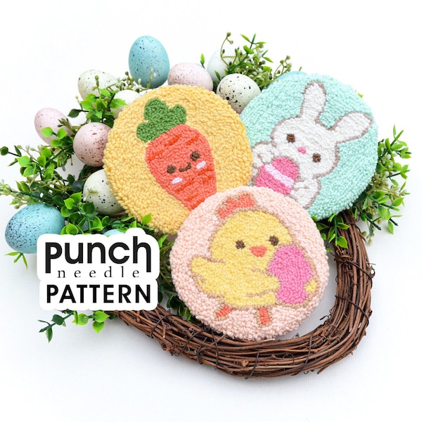 Easter punch needle PATTERN 3 in 1 .  Easter coasters bunny chicken carrot .