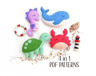 Under the Sea Felt Pattern Bundle PDF (4 in 1) – Whale, Crab, Turtle, Seahorse Sewing Pattern – Ocean Nursery Decor