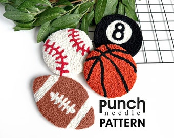 Sport Balls punch needle PATTERN 4 in 1 . Easy Baseball Basketball Football Billiards cup coasters . Gift for sports lover