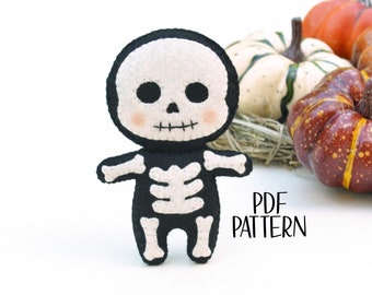 Skeleton felt doll PATTERN pdf png . Halloween plushie sewing pattern . Easy Skeleton spooky season decor