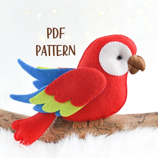 Peluche perroquet MOTIF en feutre pdf . Motif oiseau en feutre pour une décoration de chambre d'enfant dans la jungle. Patron de couture perroquet ara pour mobile en feutre