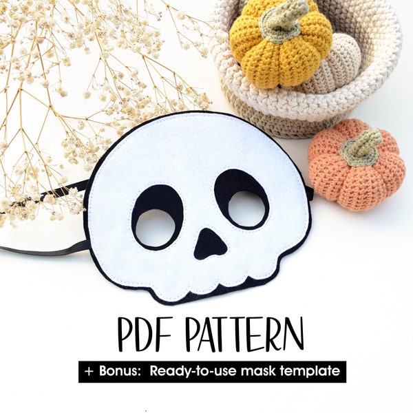 Skull Mask felt pdf PATTERN . Halloween dress up mask easy DIY pattern . Skeleton costume holiday face mask