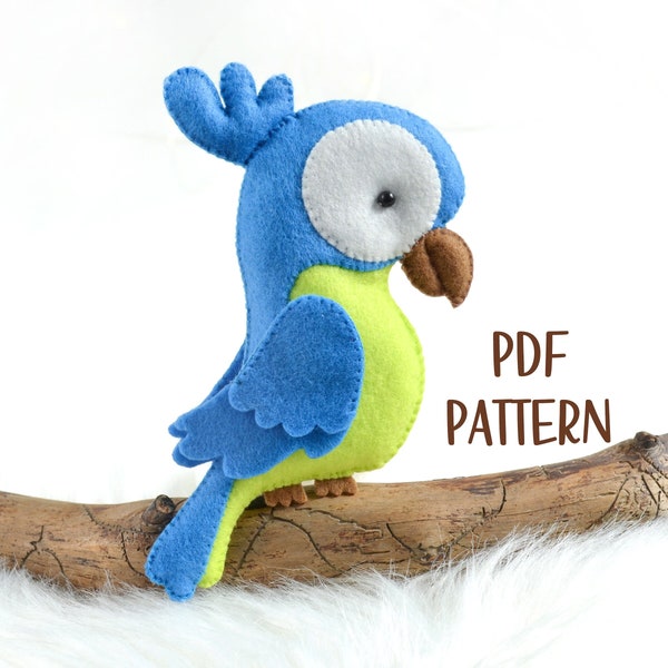 Parrot plushie felt PATTERN pdf . Felt bird pattern for jungle nursery decor . Blue yellow Macaw parrot sewing pattern for felt mobile