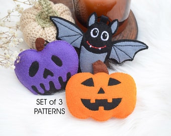 WZÓR na filcową ozdobę na Halloween: Nietoperz, Dynia, Jabłko (PDF)