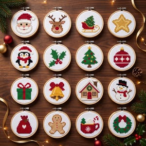 May include: Sixteen circular wooden embroidery hoops containing cross-stitch patterns of Christmas icons including Santa, a reindeer, a sleigh, a star, a penguin, holly, a tree, an ornament, a gift, a bell, a house, a snowman, a sack, a gingerbread man, a mug, and a wreath.