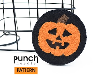 Pumpkin face punch needle PATTERN . Halloween car cup coaster .  Fall autumn Holiday decor
