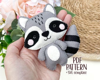 Raccoon felt PATTERN pdf svg template .  Woodland animal nursery crib mobile baby toy sewing tutorial . Pocket plush toy . Nature lover gift