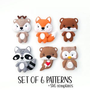 May include: A set of six felt animal patterns, including a deer, fox, bear, raccoon, otter, and owl. Each animal is a different color, with white accents and black eyes. The text "SET OF 6 PATTERNS + SVG templates" is displayed below the animals.