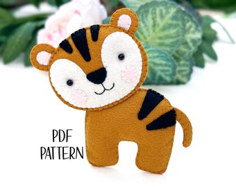 Cute Tiger Felt PATTERN pdf . Jungle baby mobile DIY sewing tutorial . Safari animal nursery decor