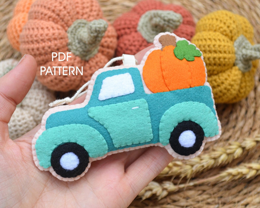 Fall Pumpkin Truck Felt PATTERN Pdf . Autumn Decor Retro Blue Truck