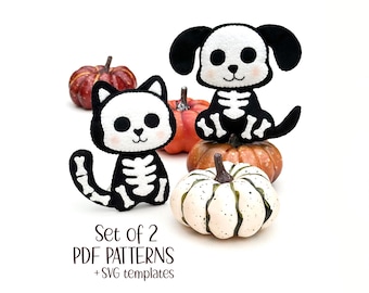 Skeleton Dog and Cat Felt Pattern – Halloween Pets Ornament Sewing Tutorial (PDF + SVG)