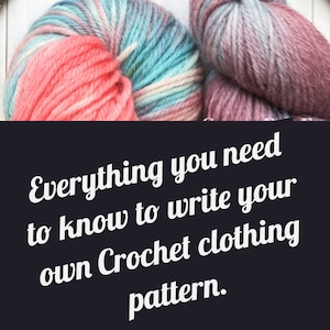 May include: A close-up of colorful yarn, crochet hooks, and stitch markers. The text "Everything you need to know to write your own Crochet clothing pattern." is displayed on a black background.