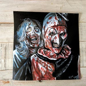 Terrifier original painting on paper of Art the Clown and Victoria Hayes horror movie on paper realistic fan art gift