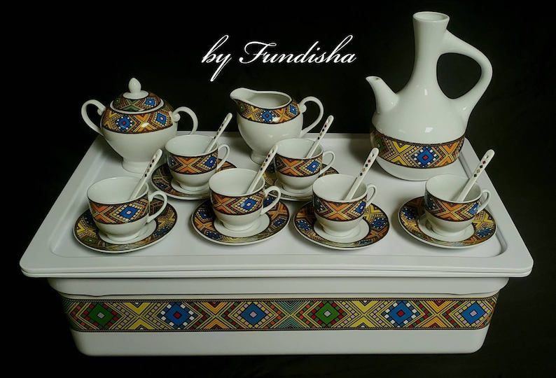 . Saba Edition EthiopianEritrean Coffee Cups Coffee TrayCoffee Table A set of 23 pieces with Saba Edition \u1228\u12a8\u1266\u1275-R\u00e9k\u00e9bot