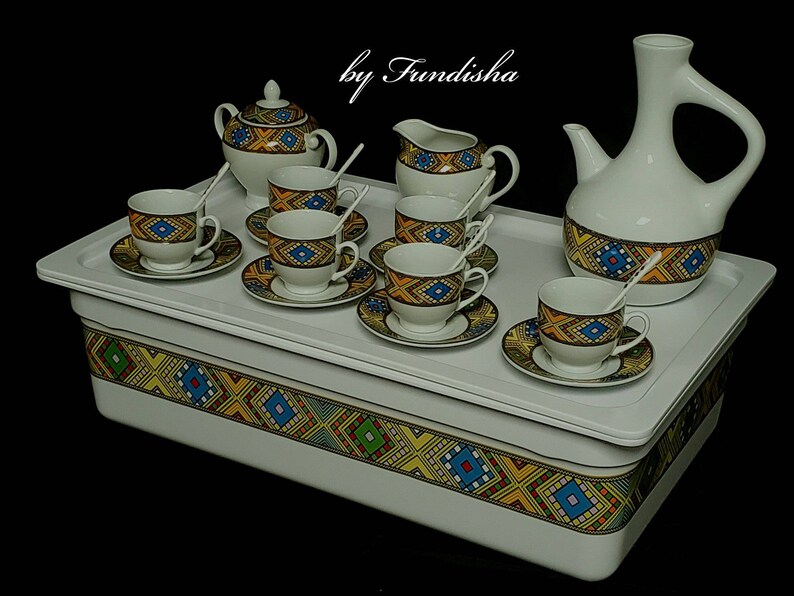. Saba Edition EthiopianEritrean Coffee Cups Coffee TrayCoffee Table A set of 23 pieces with Saba Edition \u1228\u12a8\u1266\u1275-R\u00e9k\u00e9bot