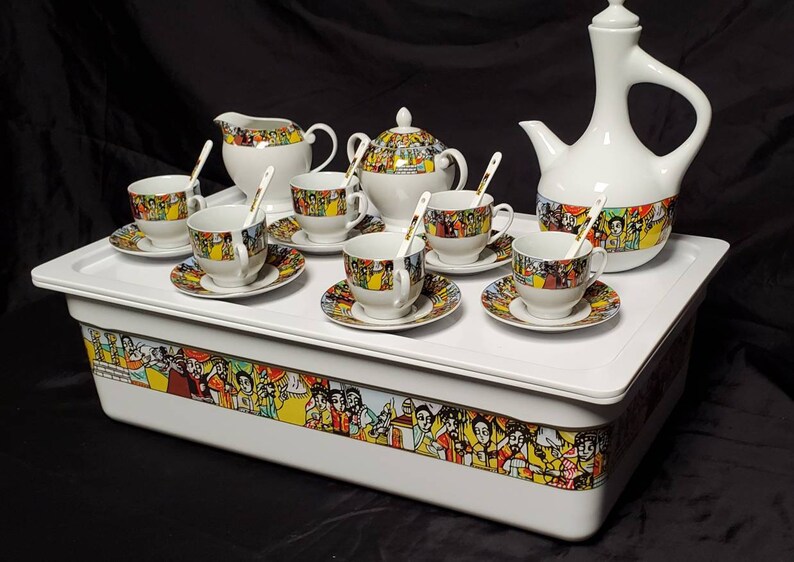 . Saba Edition EthiopianEritrean Coffee Cups Coffee TrayCoffee Table A set of 23 pieces with Saba Edition \u1228\u12a8\u1266\u1275-R\u00e9k\u00e9bot