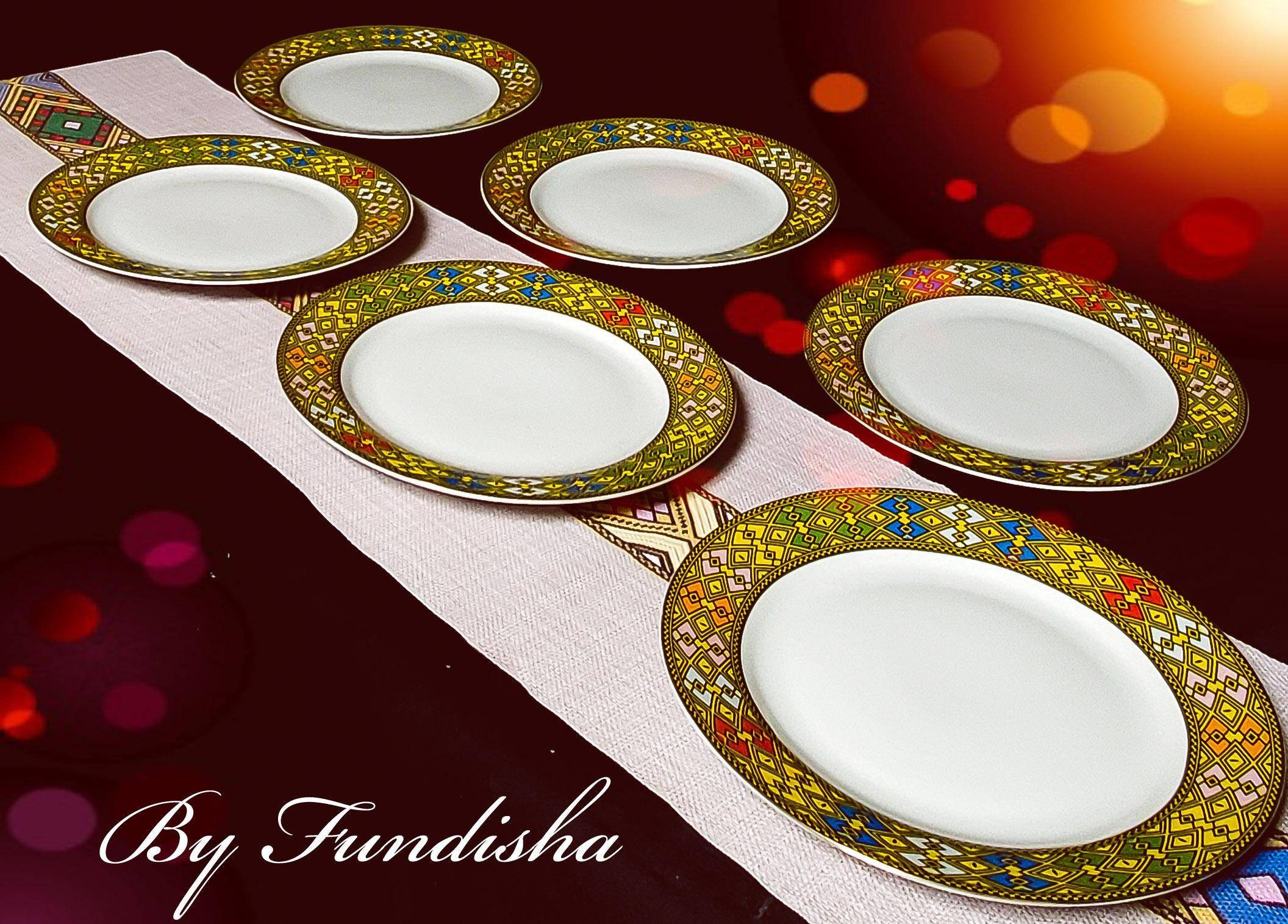 Ethiopian/Eritrean Porcelain 6-Pieces Dinner Plates Set, Elegant Cust…
