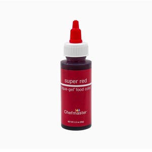 May include: A red bottle of Chefmaster super red liqua-gel food color. The bottle has a white cap and a red nozzle. The label reads "super red liqua-gel food color" and "NET WT. 2.3 oz (65g)".