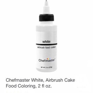May include: A white plastic bottle of Chefmaster airbrush food coloring. The bottle is labeled "white" and "airbrush food color". The bottle is 2 ounces.