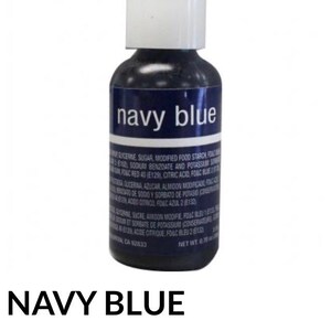 Peut inclure: Une bouteille de colorant alimentaire Liqua-Gel Chefmaster bleu marine avec un bouchon blanc. L'étiquette indique "navy blue" et liste les ingrédients. La bouteille contient 21.26 grammes de produit.