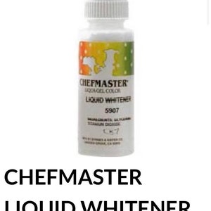 May include: A white bottle of Chefmaster Liquid Whitener, a food coloring product. The bottle is 3.5 oz and has a dropper top. The label is yellow, green, and orange with the brand name and product name.
