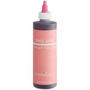 Peut inclure: Une bouteille de colorant alimentaire aqua-gel rose foncé Chefmaster. La bouteille cylindrique a une étiquette rose avec l'inscription "deep pink". Elle possède une bande blanche, un embout rose et un bouchon blanc. Poids net : 298g.