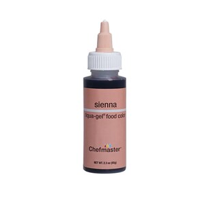 Peut inclure: Une bouteille de colorant alimentaire liqua-gel sienne de Chefmaster. La bouteille a une étiquette marron clair avec du texte blanc et un embout rose. Le poids net est de 65g.