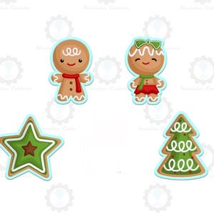 May include: Four Christmas-themed cookie cutters: a gingerbread man with a red scarf, a gingerbread woman with a green bow and scarf, a green star, and a green Christmas tree. Each cookie cutter has a light blue outline.
