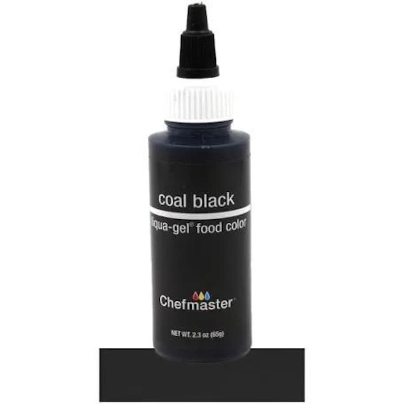 May include: A black bottle of Chefmaster coal black aqua-gel food color. The bottle has a black cap and a white label with the product name and brand. The net weight is 2.3 oz (65g).