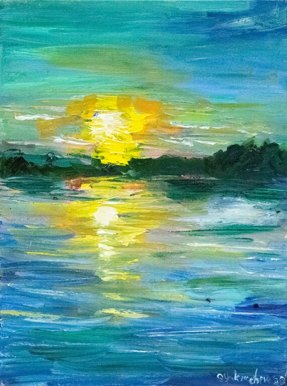 Sunset Oil Painting on Canvas on Cardboard Seascape Shiny Etsy