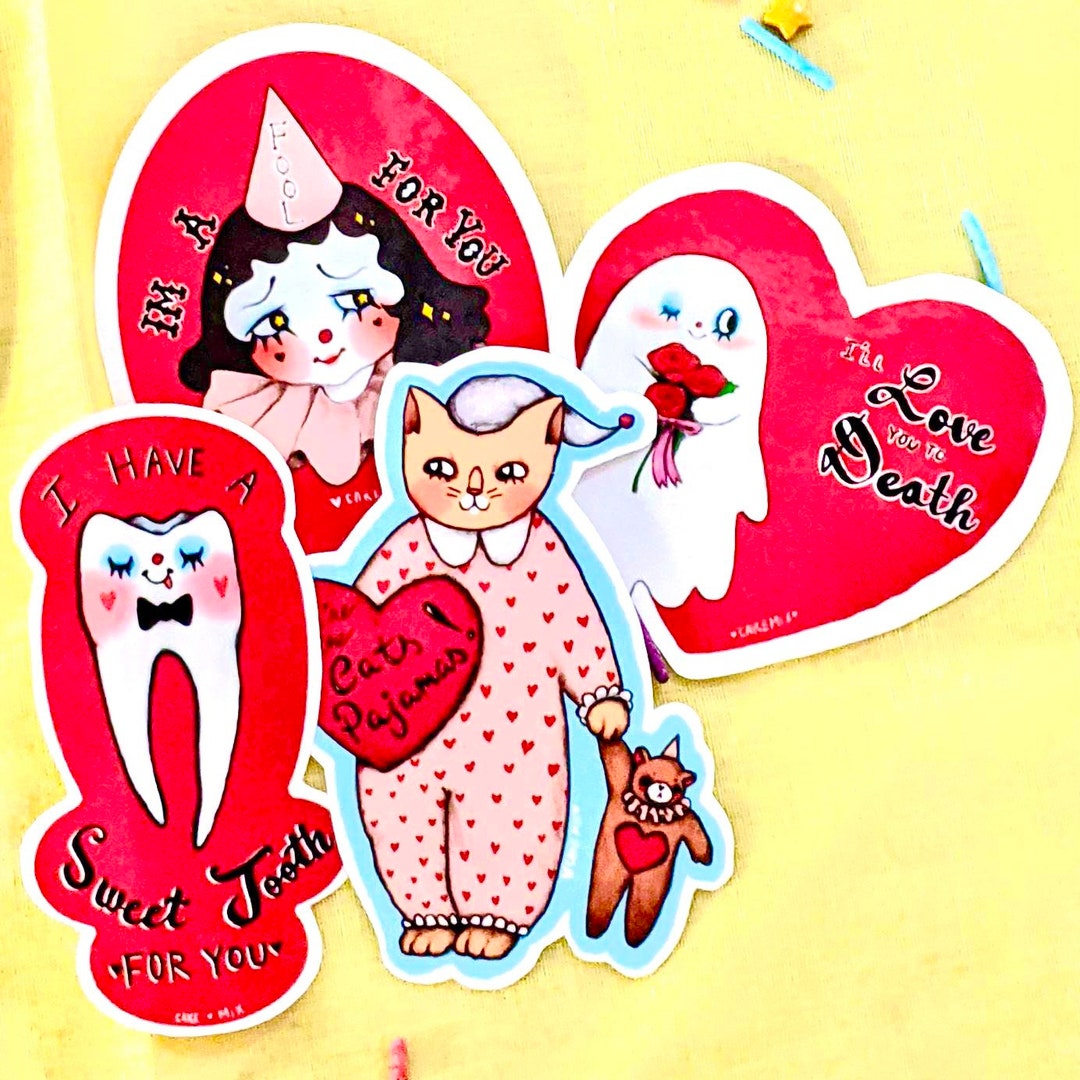 Valentines Stickers, Kitschy Vintage Valentines, Clowncore Stickers
