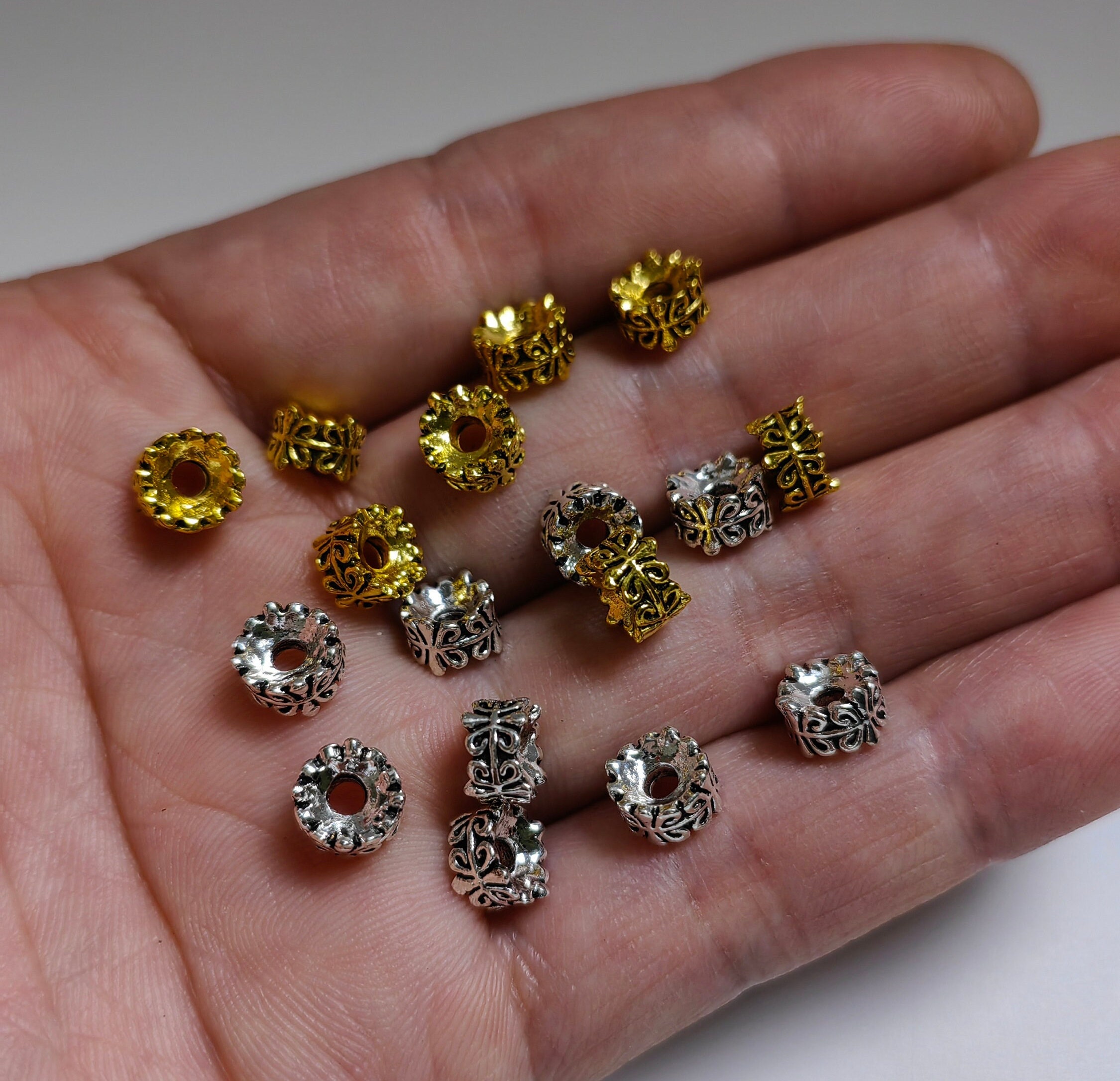 200 Perline Distanziali A Foro Grande 7 Mm - Lega Europea - Oro Antico E Argento Antico - Per Creazione Gioielli Fai Da Te