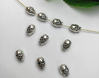 20 or 50pcs Double Sided Skull Beads, Antique Silver Skull Head Beads, 7.5x11mm Gothic Skull Beads, Skeleton Beads, Findings, B087
