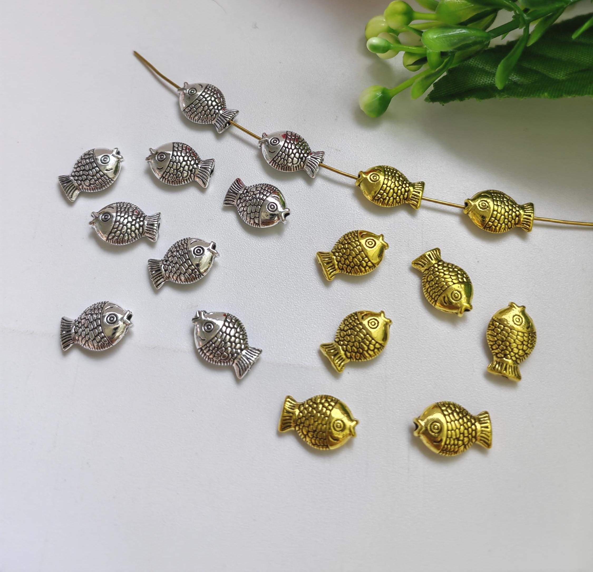 10x Antiqued Silver Metal Fish Beads – 3D Two-Sided 10mm Aquatic Charms