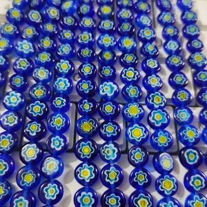 Millefiori Glass Flat Round Beads, 6 - 10mm Dark Blue & Yellow Flower Beads , Millefiori Bracelet Accessories Beads. 14&quot; Strand. A697