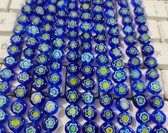 Millefiori Glass Flat Round Beads, 6 - 10mm Dark Blue & Yellow Flower Beads , Millefiori Bracelet Accessories Beads. 14" Strand. A697
