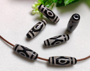 5 - 10 pcs Tibetan 3 Eye Dzi Beads, 10x30mm Eye Dzi Agate Beads, Tibetan Agate Rice Beads, Protective Dzi Beads, Black White Eye DZI, D036