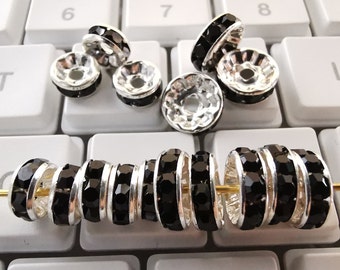 100 Pcs Black Rhinestone Rondelle Spacer Beads, Crystal Rondelle Beads, Silver Plated Rondelle Spacer Beads, 6-10mm Offers Pptions, B349