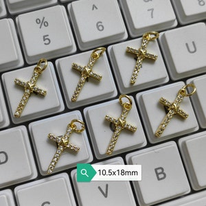 5 - 50 Pcs CZ Micro Pave Cross Charms, 18K Gold Plated CZ Christian Crucifix Charm, 10.5x18mm Tiny Cross Charms, DIY Jewelry, Findings. C344
