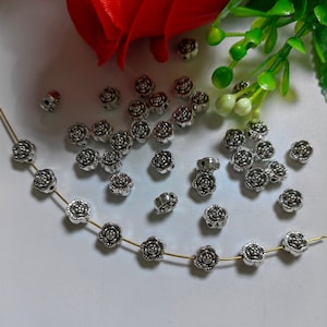 7mm Double Sided Rose Flower Beads, Antique Silver Metal Flower Spacer Beads, Tiny Metal Beads, 30 - 100pcs Optional, DIY Jewelry, B089
