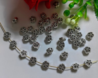 7mm Double Sided Rose Flower Beads, Antique Silver Metal Flower Spacer Beads, Tiny Metal Beads, 30 - 100pcs Optional, DIY Jewelry, B089