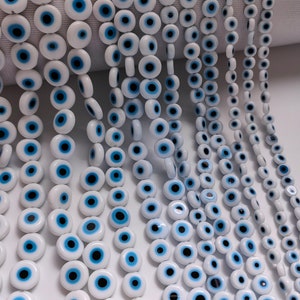 4 - 12mm Glass Evil Eye Beads, Turkish Evil Eye Beads,  White Blue Flat Round Evil Eye Beads, DIY Jewelry Supply, Evil Eye Jewelry, A553