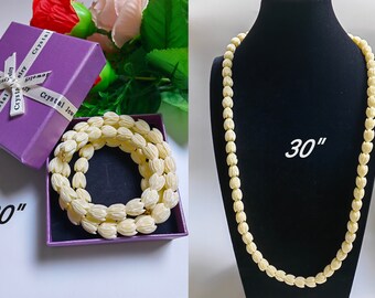 10x12mm Pikake Beaded Necklace, Carved Jasmine Flower Necklace