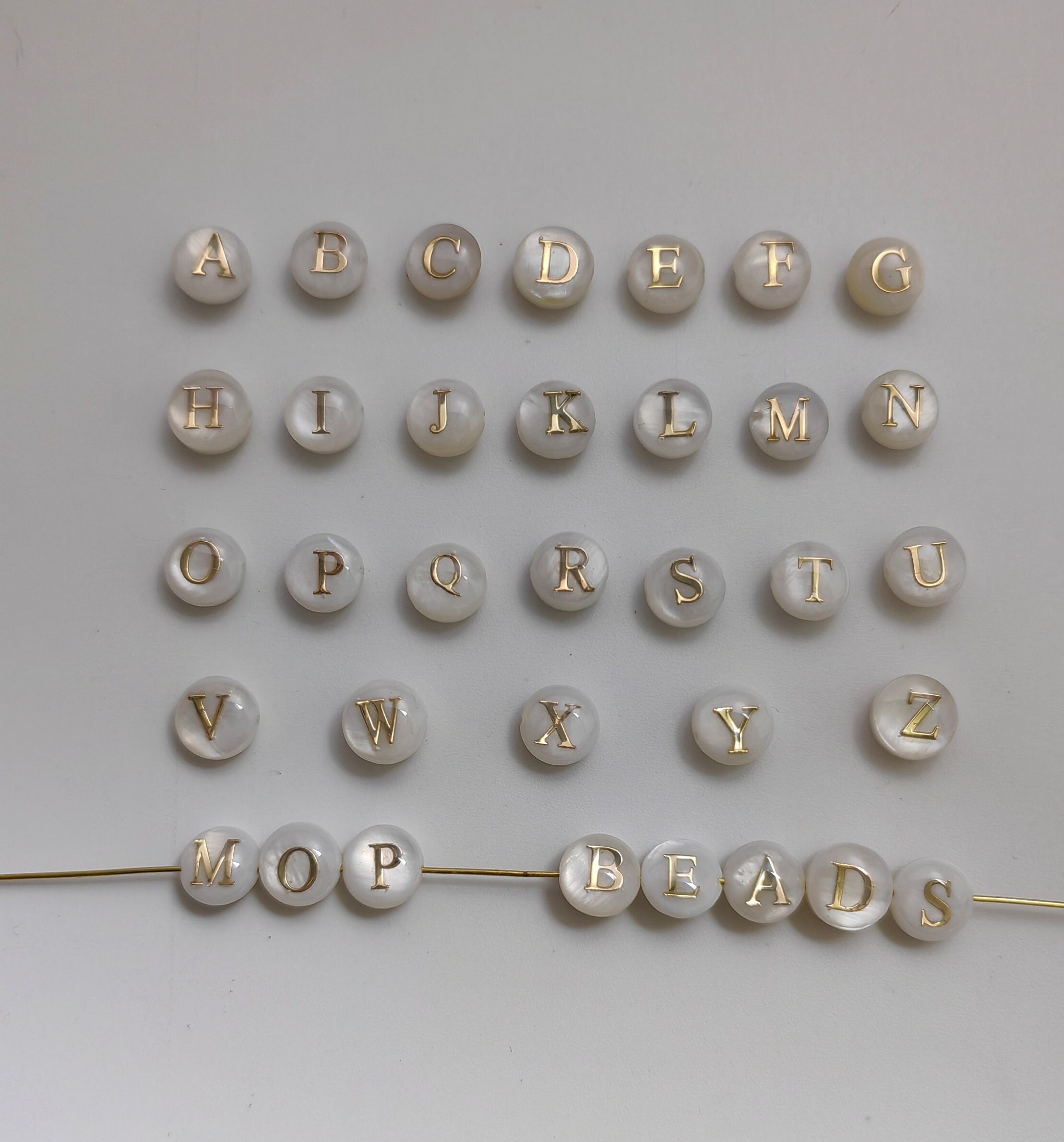 8mm Mother of Pearl Alphbet Beads, Double Sided White Shell With Gold ...