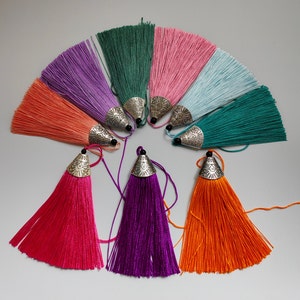 May include: Assortment of ten colorful tassel trims with silver metal accents. The tassels are arranged in a semi-circle with the silver accents facing outward.