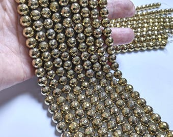 8mm Faceted Hematite Round Beads, Pyrite Colored Hematite Round Beads, Gemstone Beads, DIY Jewelry, 15" Full Strand . A705