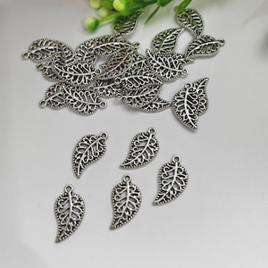 50pcs Antiqued Silver Hollow Leaf Charms, Metal Leaf Pendants, 10x19 mm Tiny Leaf Charms, DIY Jewelry Supply, Metal Charms, Findings, C306